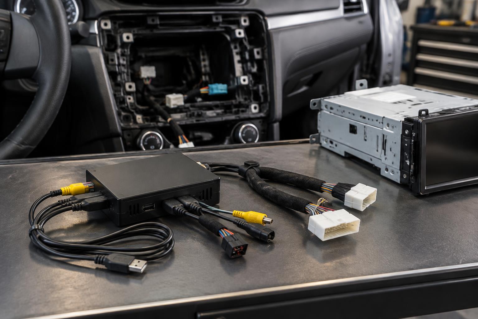Ilustrační fotografie CarPlay modulu a vyjmuté tovární multimediální jednotky